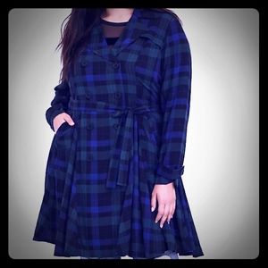 BLUE & GREEN PLAID TWILL FIT & FLARE TRENCH COAT